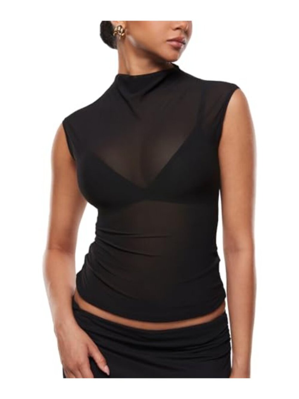 Women's Mesh Mock Neck Tank Top Sheer Sleeveless Slim Fit Going Out Clubwear
